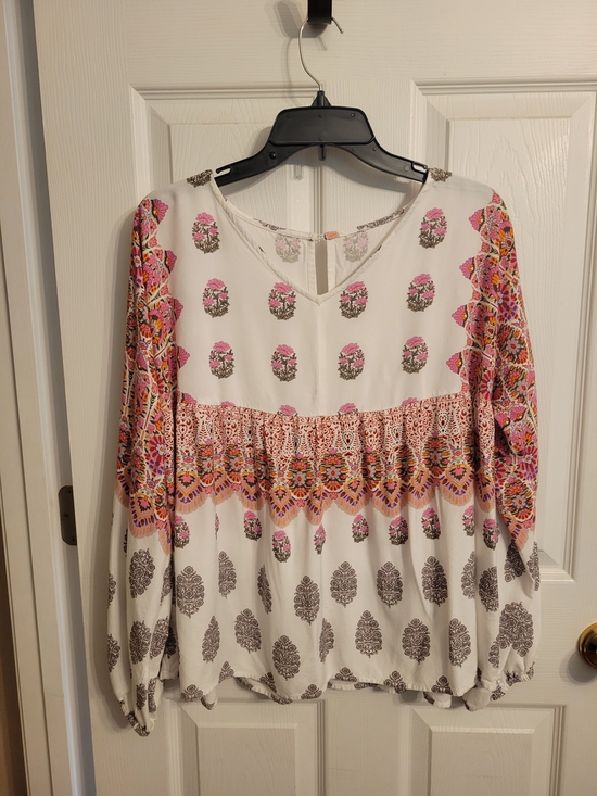 Tops - Boho Floral Print V-Neck Peasant Blouse - White with Pink & Orange